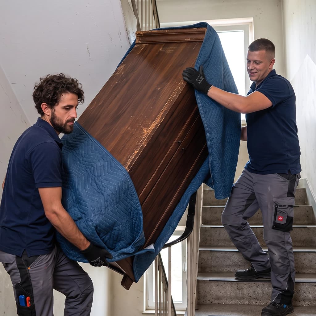 Team trägt schweren Wandschrank die Treppe hinunter